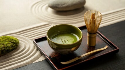 traditional Japanese matcha traditional Japanese matcha in tea ceremony set with bamboo whisk traditional Japanese matcha in zen style background