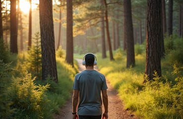 Fototapeta premium Man walks on forest path wearing headphones, enjoying sunlight and nature sounds. He listens to calm music, finding peace and solitude outdoors on a trail.