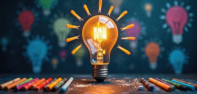 Glowing incandescent light bulb with light rays emanating. Colorful chalk drawings of bulbs on dark background. Creative concept for brainstorming and new ideas.