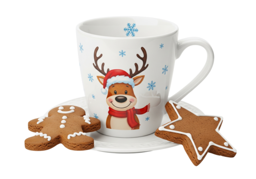 Festive Christmas Reindeer Mug with Gingerbread Man and Star Cookies on White Background