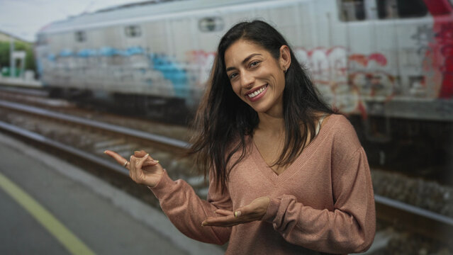 Woman points finger toward a passing train at a train station while presenting an open palm; casual travel amused.