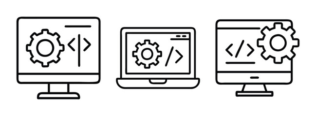 Programming development software coding gear icon on laptop and desktop computer design vector