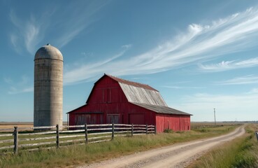 Obraz premium Red barn and concrete silo stand on grassy farm next to dirt road under wispy sky. Old agricultural building with weathered wood fence in Midwest USA country. Peaceful rural scene with open space.