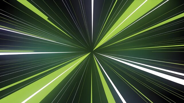 Bright green digital art abstraction features a textured tunnel pattern with speeding laser rays and motion lines for a futuristic background design