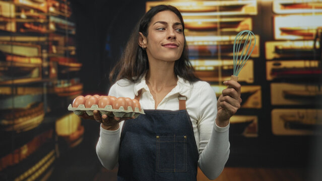 Woman holding carton of eggs and whisk in museum building display, posing with slight smile while presenting ingredients; home cooking pride. - Powered by Adobe