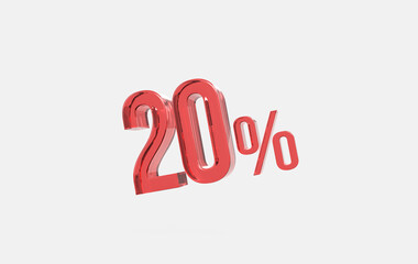 3d red glass 20% sign icon on isolated background	
