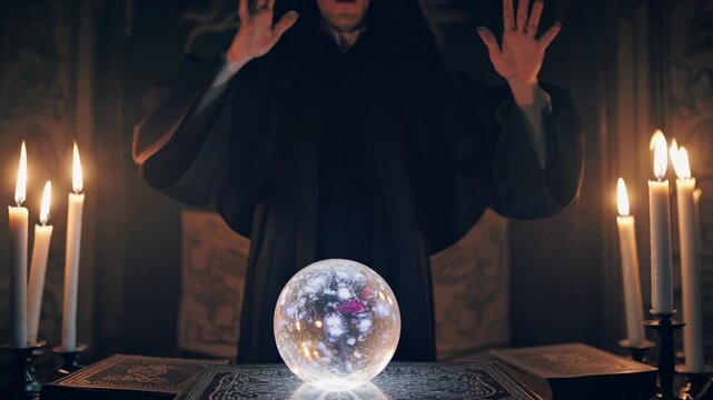 A mystical video scene with a cloaked figure casting spells. Shot from a low angle, the dimly lit room is filled with candles and arcane symbols.