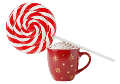 Giant Swirl Lollipop with Festive Hot Chocolate and Whipped Cream in Snowflake Mug, Isolated on White Background