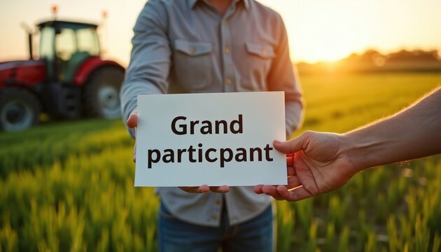 Two men hold paper with text Grand participant in a sunlit field. A red tractor is parked in background. Farmers work together, showing agri cooperation and program.