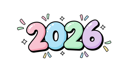 Cute and colorful cartoon numbers spelling out 2026 with sparkles and confetti