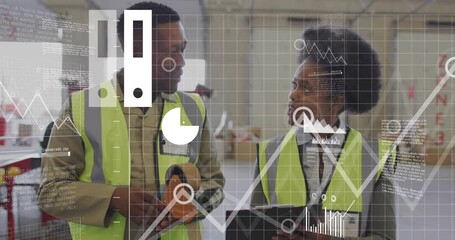 Warehouse staff comparing clipboard and tape while digital analytics overlaying and showing charts - Powered by Adobe