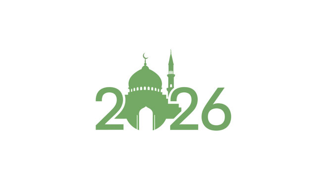 Green mosque silhouette with the year 2026
