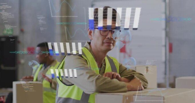 Warehouse packer leaning on boxes, checking AR bars and globe icons as camera moving closer