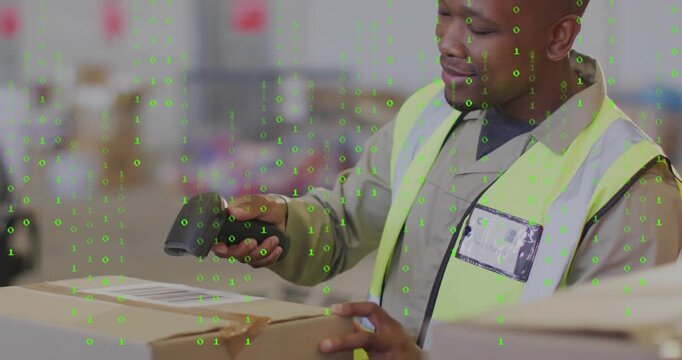 Packer raising scanner to label aligning and scanning confirming shipping, green overlay appearing