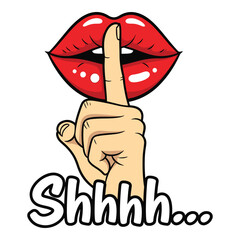 Red lips with finger to lips gesture and shhh text conveying silence secrecy and quiet