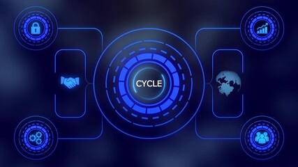 Futuristic Digital Interface with Earth Globe and Handshake Icons Showing CYCLE technology data - Powered by Adobe