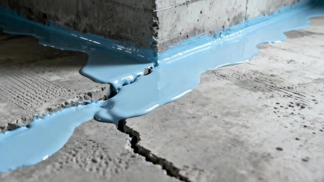 Visual of protective coating spreading evenly over concrete basement surfaces highlighting the process of sealing cracks to stop basement water penetration.