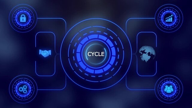 Futuristic Digital Interface with Earth Globe and Handshake Icons Showing CYCLE technology data - Powered by Adobe