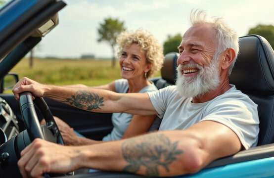 Elderly couple laughs joyfully while riding in a blue convertible car. Man drives, woman smiles beside him on a sunny day. They enjoy freedom and a road trip adventure. - Powered by Adobe