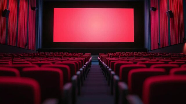 Red velvet seats, black projector screen, dim lighting