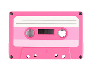 Obraz premium A vibrant pink retro audio cassette tape with white stripes and a black background