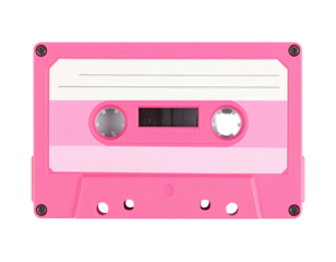 A vibrant pink retro audio cassette tape with white stripes and a black background