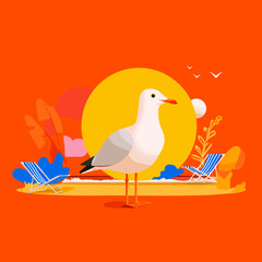 Vector illustration of leisure mood with sea, seagull, sun, and deck chair