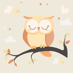 Vector illustration for children featuring an owl with closed eyes sitting on a branch, against a background of stars and the moon, with copy space