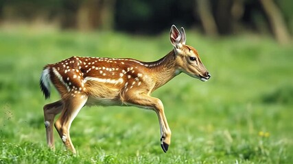 Young deer running in grassy field