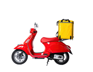 A vibrant red scooter with a yellow delivery bag isolated against a stark black background