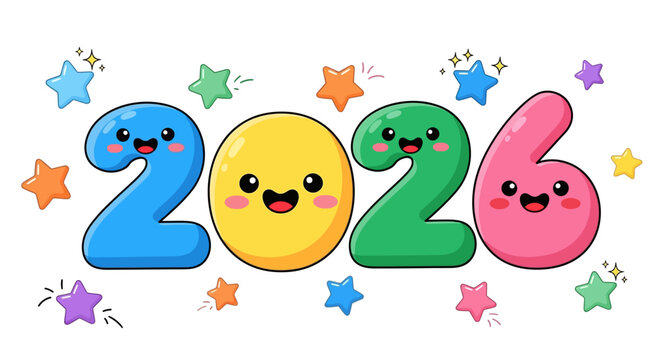 Kawaii cartoon 2026 numbers with smiling faces and stars