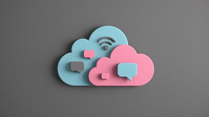 Interconnected digital communication symbols rendered on overlapping pastel colored cloud shapes against a solid background