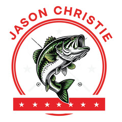 Dynamic illustration of a largemouth bass leaping from water within a circular logo design