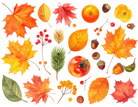 Watercolor illustration of autumnal elements, including vibrant leaves and fruit
