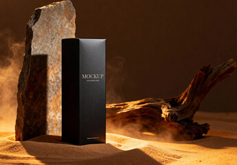 Luxury Perfume Box Mockup with Stone Framing and Drift Wood