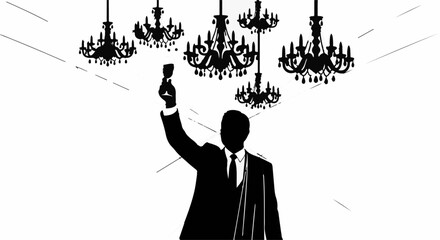 Elegant man in suit raises glass in celebration under ornate chandeliers