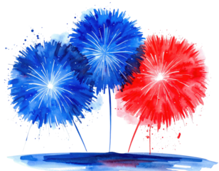 Watercolor depiction of festive fireworks in red and blue bursting over a blue watery surface