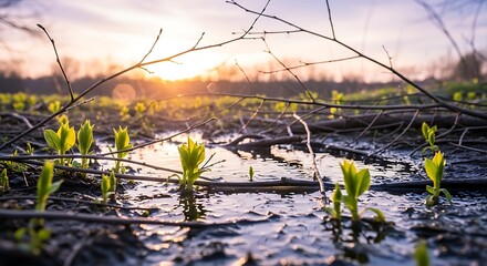 natural spring twigs of different sizes scattered lightly, leaving peaceful empty space, fresh young leaves, pastel-colored sky, gentle sunlight glow