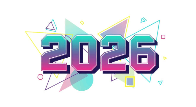 Retro 2026 text with geometric shapes and vibrant colors
