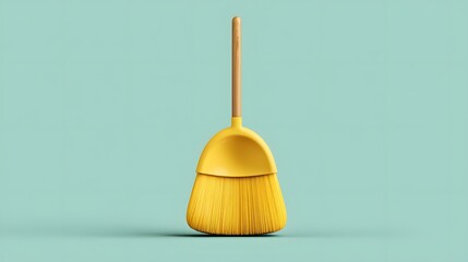 Bright yellow handheld broom rests vertically against a solid cyan background
