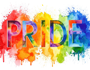 Bold typography spells out "PRIDE" overlaid onto a vibrant, watercolor-style rainbow splash