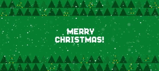 Selbstklebende Fototapeten Grün Merry Christmas greeting with green landscape border and falling snow. Festive winter holiday scene for digital card and banner design.  © hiten666