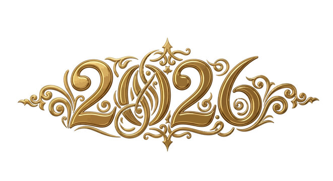 Luxurious and ornate golden typography the year 2026, embellished with intricate swirls and decorative elements, conveying elegance and sophistication for special occasion