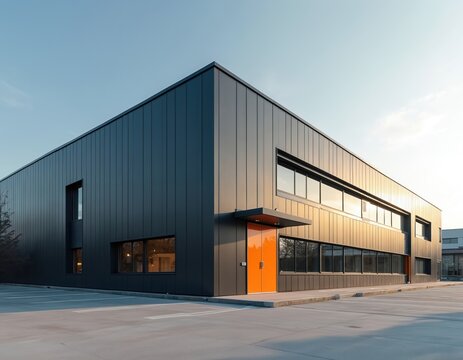 Modern dark commercial building with bright orange doors. Large glass windows reflect sunlit sky. Exterior facade shows minimalist architecture and clean lines.