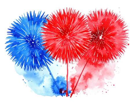 Watercolor illustration of three colorful fireworks bursts against a black backdrop - Powered by Adobe