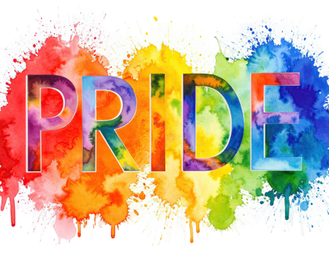 Bold typography spells out "PRIDE" overlaid onto a vibrant, watercolor-style rainbow splash