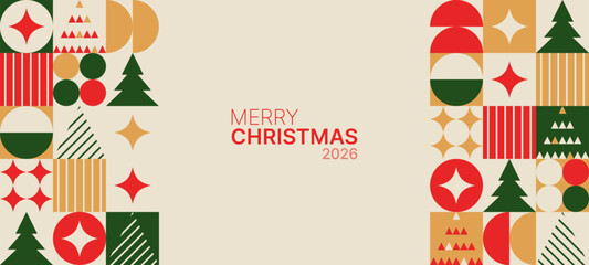 Merry Christmas 2026 geometric pattern with festive elements like fir tree, star, and circle for greeting card or banner template.