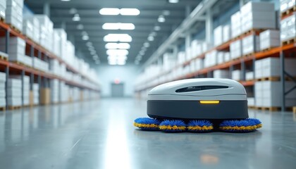 An automated floor scrubber operates in a vast warehouse. This robot navigates rows of stacked goods on shelves. It ensures a clean working environment with smart technology.