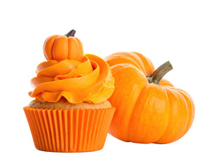 Obraz premium Delightful autumn arrangement featuring a pumpkin cupcake and a small pumpkin