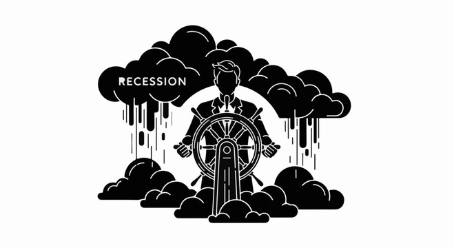 Man steering through economic storm clouds labeled recession